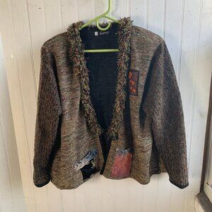 Lee Anderson Art to Wear Single Button Cardigan Blazer Fuzzy Collar Pockets - 3